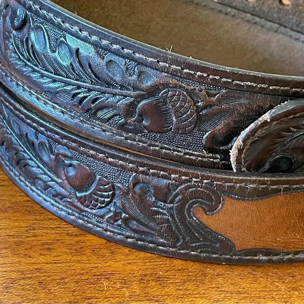 Vintage Chambers Embossed Leather Belt With Acorns and Leaves Brown Tan